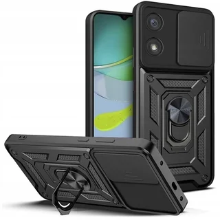 Telefontok Motorola Moto E13 - Camshield - fekete szilikon tok, kitámasztó ujjgyűrűvel, csúsztatható kameravédővel